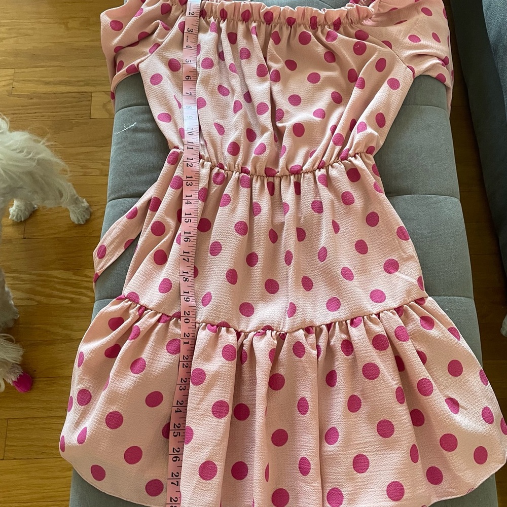 Pretty Little Thing Dusty Pink Polka Dot Bardot Tie Waist Shift Dress - Picture 9 of 9